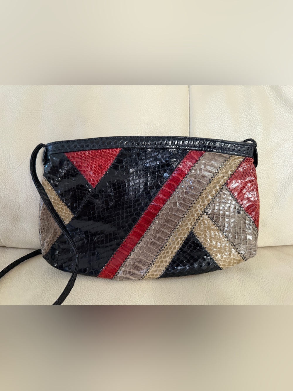 Vintage Amile Leather Snakeskin Patchwork Shoulder Bag Zip Closure Purse